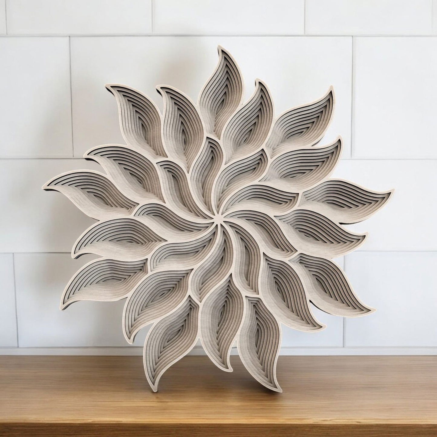 Einzigartige 3D-Wandkunst – Handgefertigtes Blütenmuster | Naturholzoptik | Mehrschichtige Gestaltung - heartbeat -