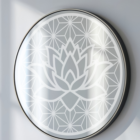 Spiegel Lotus Gravur graviert rund 50cm